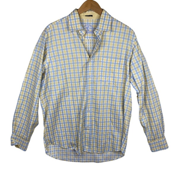 Vintage Bugatchi Yellow Blue Check Print Long Sleeve Classic Fit Shirt Size L - Picture 1 of 5
